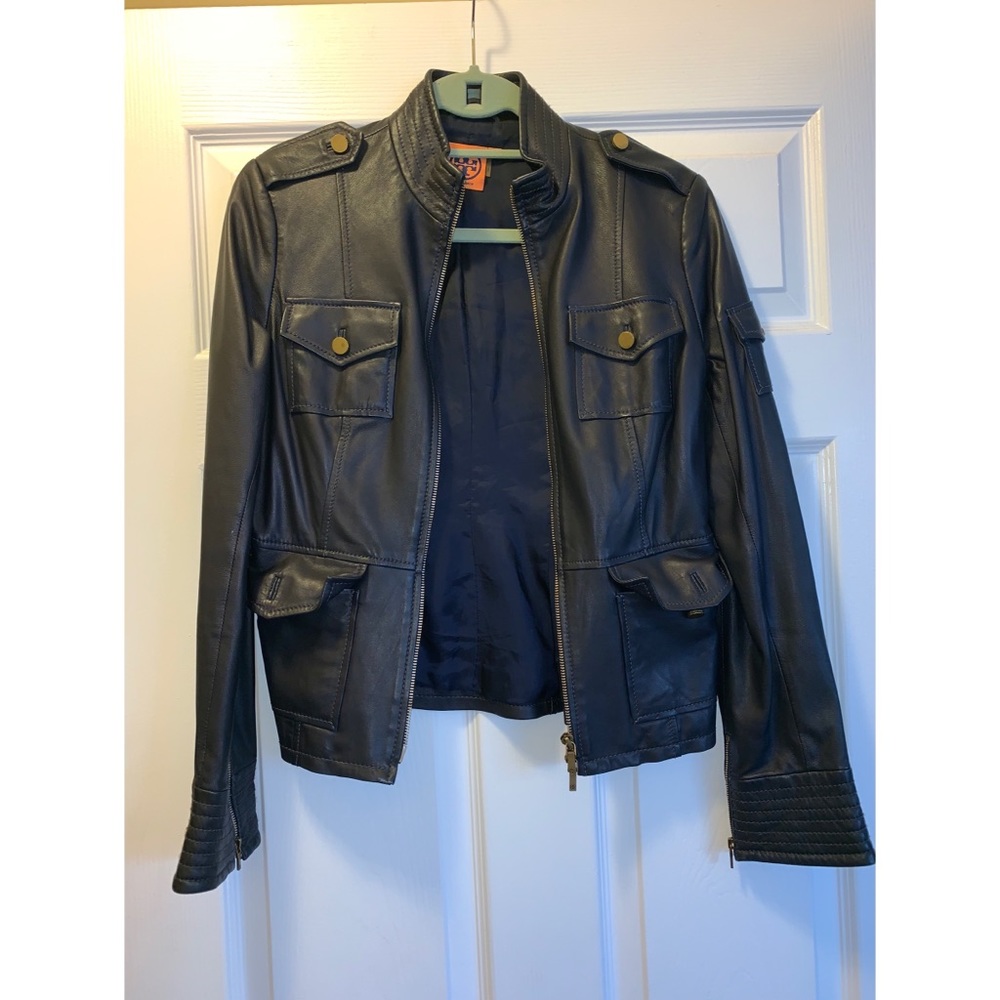 Tory Burch navy leather coat like new